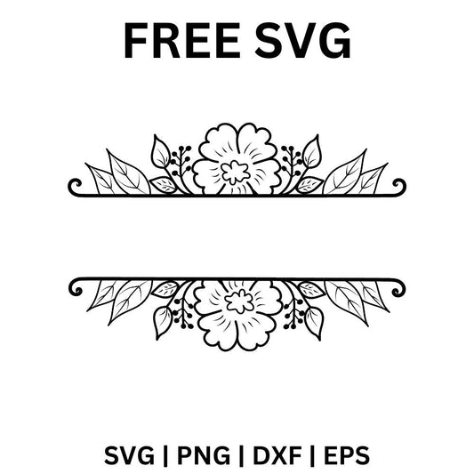 Black line art split frame with a flower and leaf spray above the top line and a mirrored spray below the bottom line, leaving space for a name, free floral name frame SVG cut file preview.