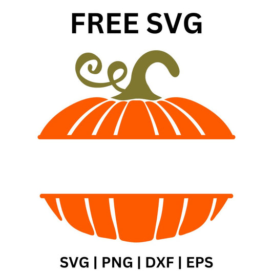 Orange ribbed pumpkin split into top and bottom halves with a wide blank gap for a name and an olive green curly stem, free fall pumpkin monogram SVG cut file preview.