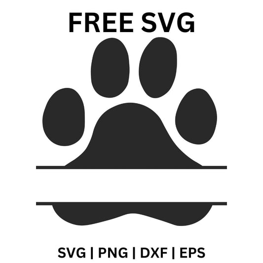 Large black paw print with the main pad split by a blank horizontal band for adding a name, free split paw print SVG cut file preview.
