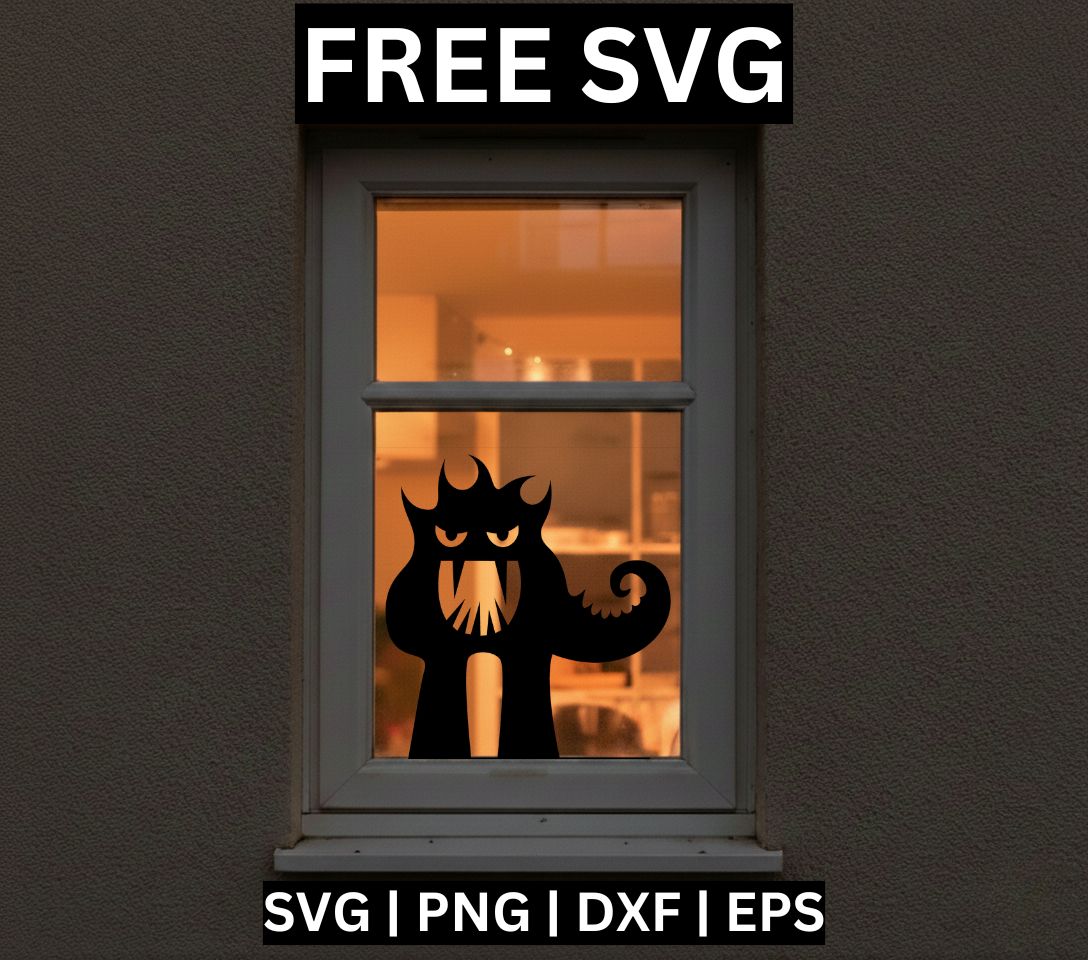 Black spooky cat silhouette with glowing slanted eyes, a fanged mouth and a curled tail, shown as a window cling on a warmly lit window, free Halloween window decoration SVG cut file preview.