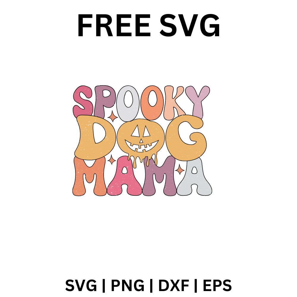 Retro bubbly SPOOKY DOG MAMA lettering in pink, peach and orange with a jack o lantern face as the O, free spooky dog mama SVG cut file preview.