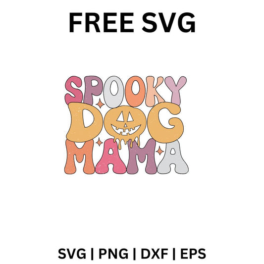 Retro bubbly SPOOKY DOG MAMA lettering in pink, peach and orange with a jack o lantern face as the O, free spooky dog mama SVG cut file preview.