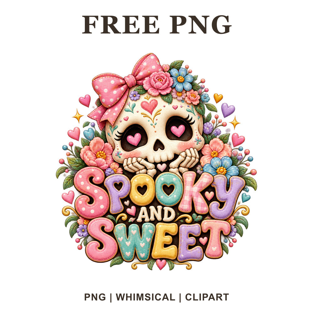 Cute sugar skull clipart with a pink bow and flowers above colorful Spooky and Sweet lettering, free Halloween PNG