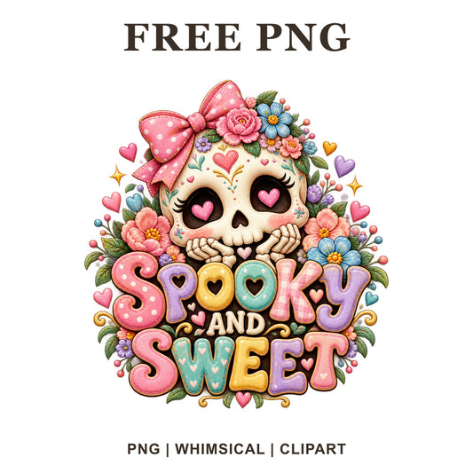 Cute sugar skull clipart with a pink bow and flowers above colorful Spooky and Sweet lettering, free Halloween PNG