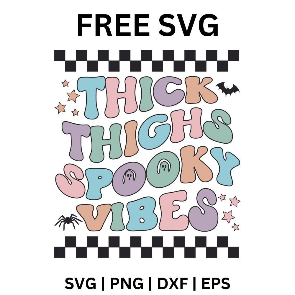 Stacked pastel groovy bubble lettering in blue, purple, green, coral and pink with checkered borders, a bat, a spider, small ghosts and stars, free spooky vibes Halloween SVG cut file preview.