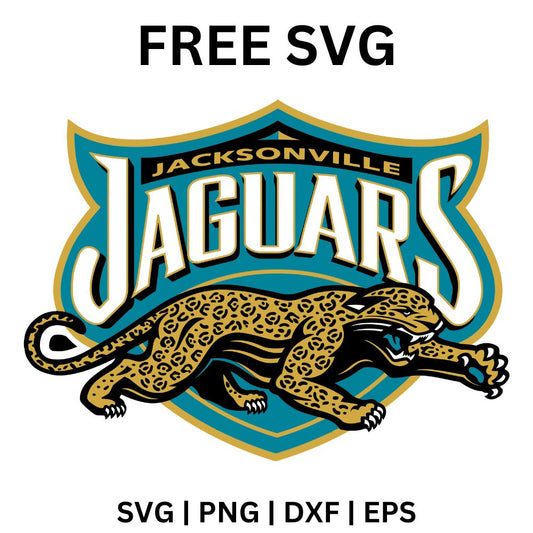 Gold spotted jaguar leaping beneath a teal and black shield with a gold banner and bold teal team wordmark, free leaping jaguar football SVG cut file preview.