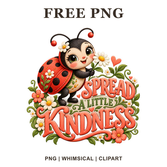 Cute ladybug clipart with a heart and red flowers beside Spread a Little Kindness coral lettering, free kindness PNG