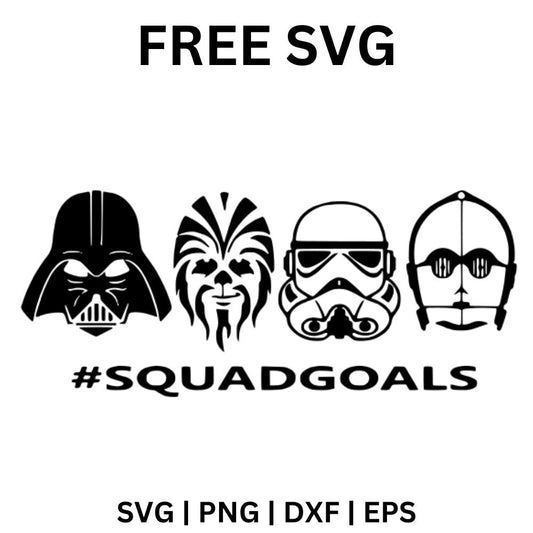 Four black outline space movie faces in a row: a dark villain helmet, a furry creature, a white trooper helmet and a robot head, above #Squadgoals lettering, free squad goals SVG cut file preview.