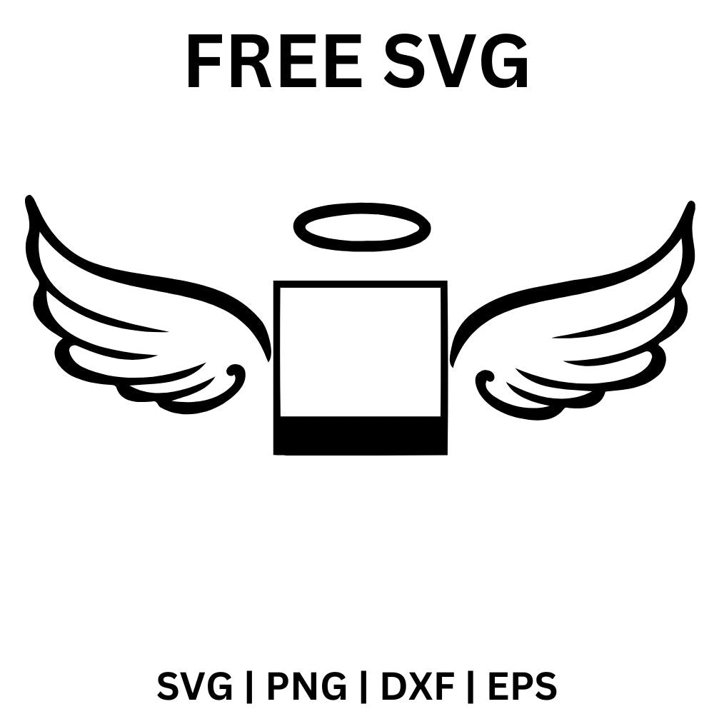 Small square photo frame with large outlined feathered angel wings on both sides and a halo ring above, free angel wings memorial frame SVG cut file preview.