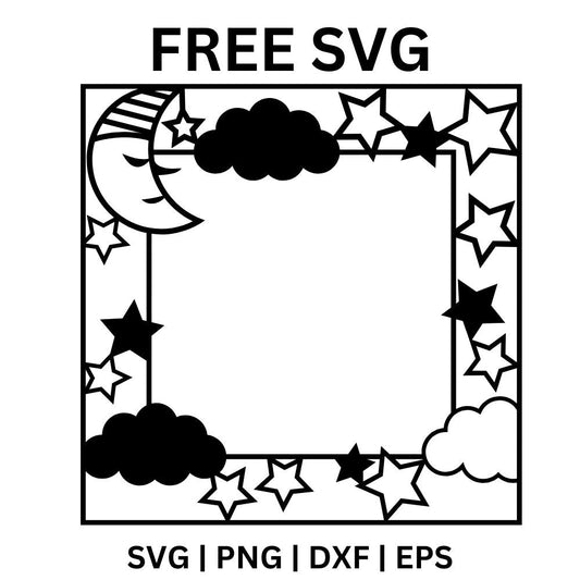 Square photo frame bordered with outlined stars, a sleepy crescent moon in the corner and puffy clouds along the bottom, free starry night frame SVG cut file preview.