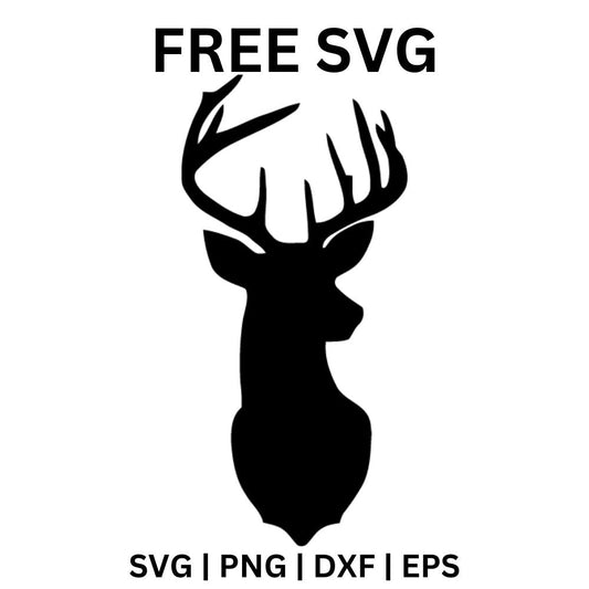 Black silhouette of a proud stag head and neck with tall branching antlers, free stag head SVG cut file preview.