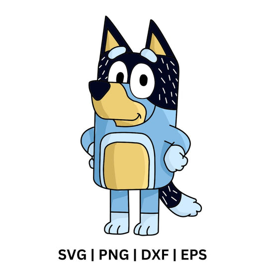 Standing cartoon dog with blue fur, black speckled ears, a tan chest and hands on its hips, free blue cartoon dog SVG cut file preview.