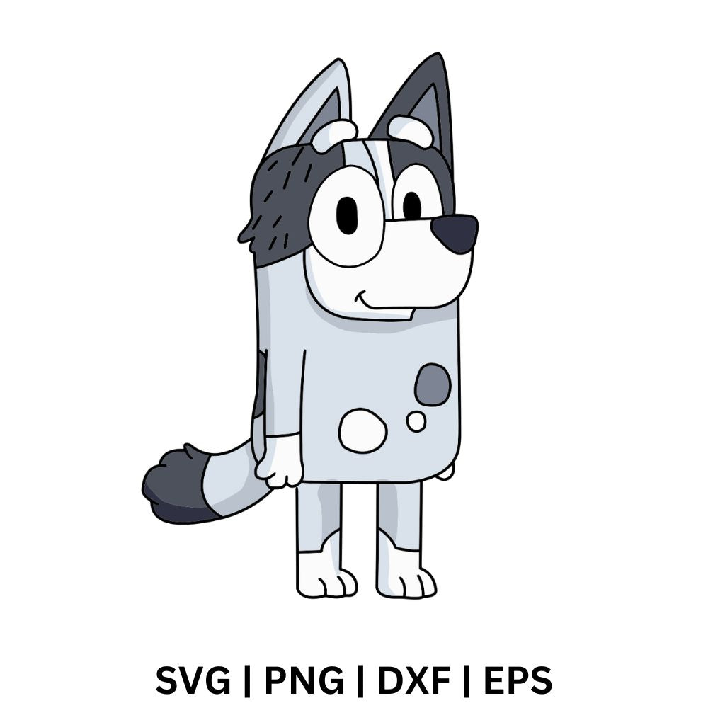 Standing cartoon dog with pale gray fur, a dark hair tuft, gray spots and a ringed tail, free gray cartoon dog SVG cut file preview.
