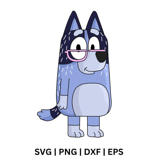 Standing cartoon dog with periwinkle fur, pink glasses, navy ears and a curled tail, free cartoon dog with glasses SVG cut file preview.