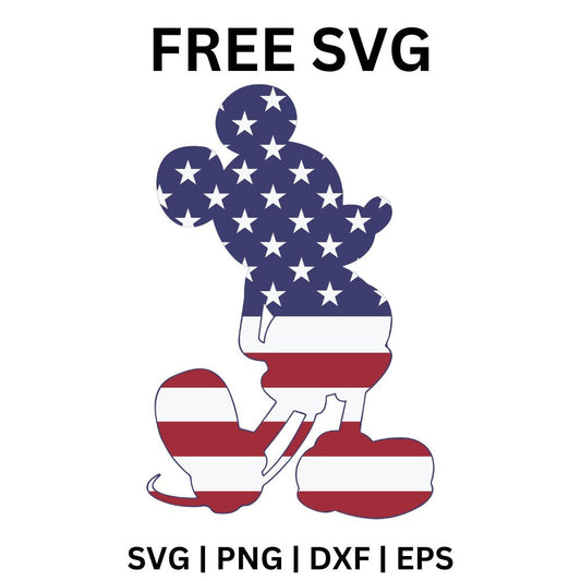 Standing cartoon mouse silhouette with round ears filled with an American flag pattern of white stars on blue and red and white stripes, free American flag mouse silhouette SVG cut file preview.