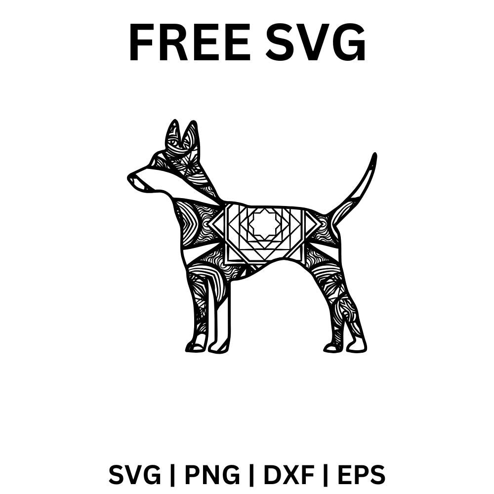 Standing dog with pointed ears and a raised tail filled with black geometric stripes and nested diamond shapes, free geometric dog SVG cut file preview.
