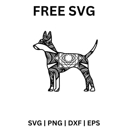 Standing dog with pointed ears and a raised tail filled with black geometric stripes and nested diamond shapes, free geometric dog SVG cut file preview.