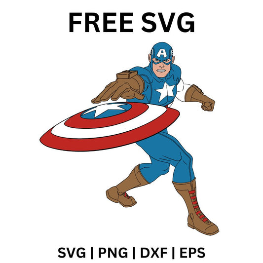 Patriotic hero in a blue suit with a white star and brown gloves swinging a round red, white and blue striped shield, free star shield hero SVG cut file preview.