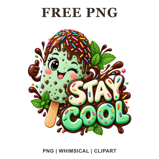 Cartoon mint ice cream bar with chocolate drizzle, sprinkles and mint leaves beside Stay Cool lettering, free PNG
