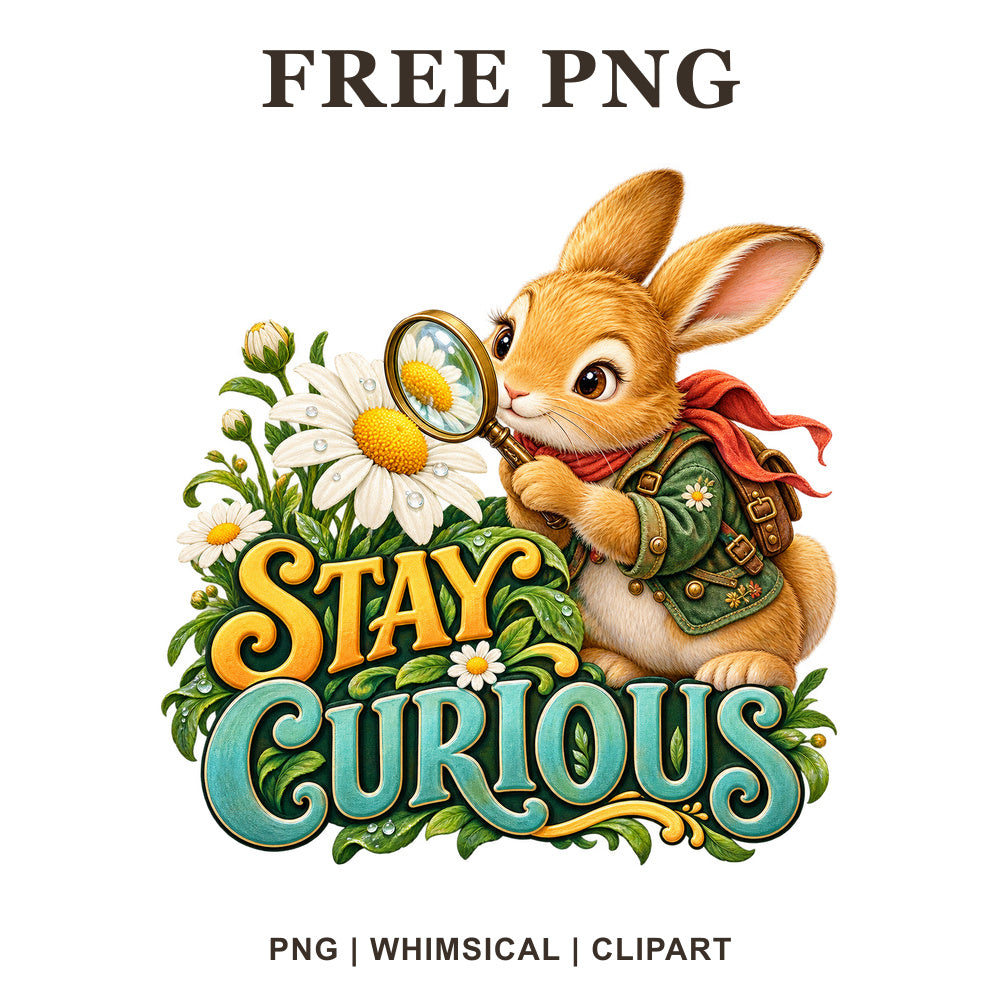 Curious bunny in a green explorer jacket and red scarf holding a magnifying glass over a daisy beside Stay Curious lettering, free bunny PNG