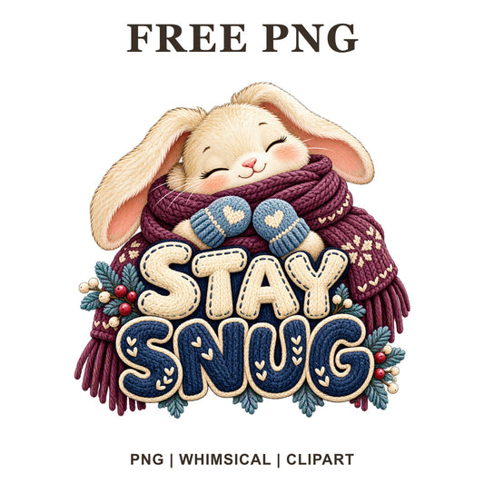 Sleepy cream bunny wrapped in a burgundy knit scarf with mittens above Stay Snug navy and cream lettering, free winter bunny PNG