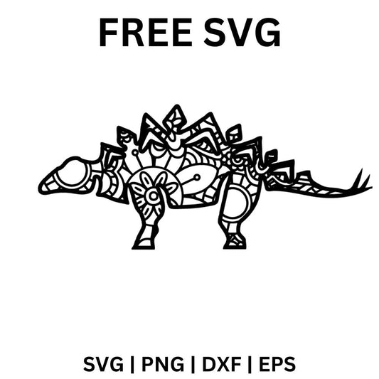 Black line art stegosaurus with back plates and a spiked tail filled with mandala and swirl patterns, free stegosaurus dinosaur SVG cut file preview.