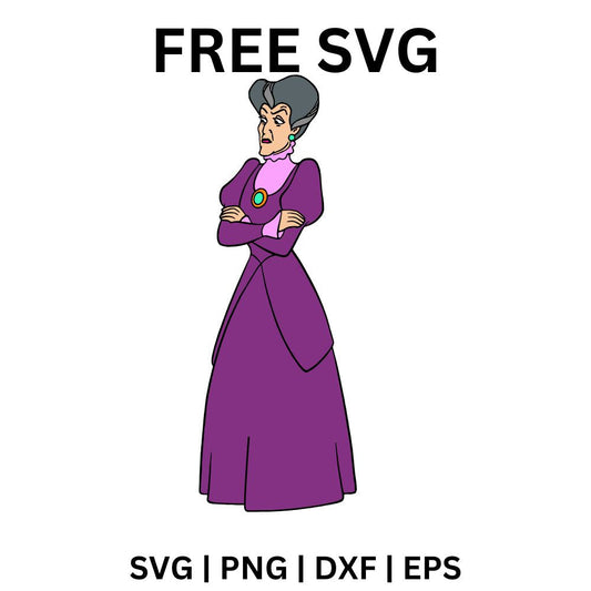 Stern cartoon lady with gray swept-up hair in a long purple gown and green brooch standing with arms crossed, free villain lady SVG cut file preview.