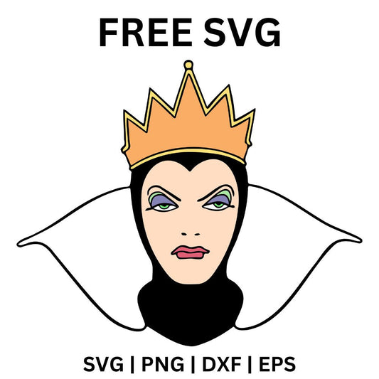 Stern fairytale villain queen portrait with a pointed gold crown, black hood and tall white collar, free villain queen SVG cut file preview.
