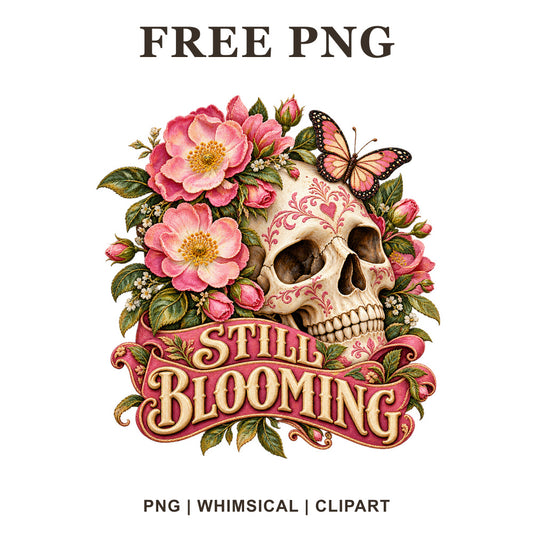 Floral skull clipart with pink wild roses, a pink butterfly and a Still Blooming banner, free PNG