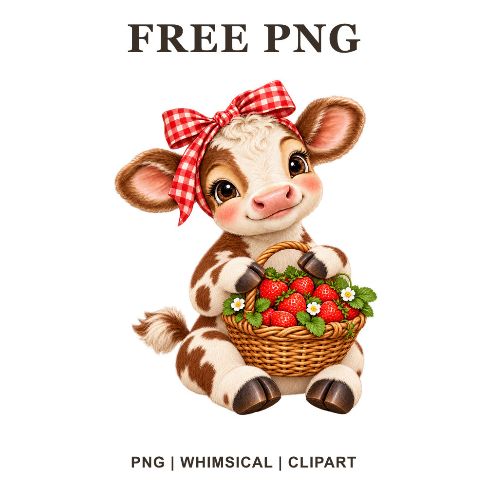 Cow with a strawberry basket, whimsical farm cow PNG clipart.