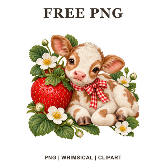 Brown and white calf with a red gingham bow resting beside a big strawberry and white strawberry blossoms, free strawberry cow PNG