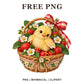 Yellow baby chick in a woven basket of red strawberries and white flowers with a gingham bow, free spring PNG