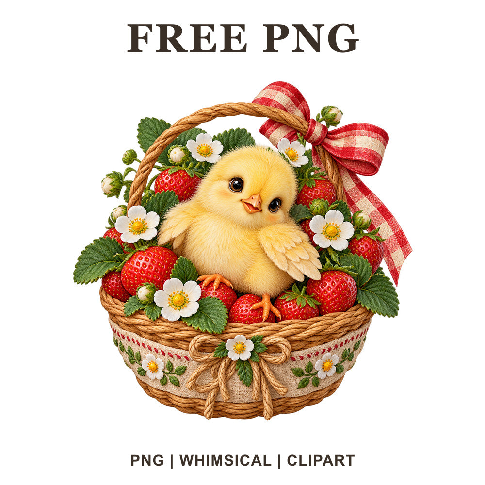 Yellow baby chick in a woven basket of red strawberries and white flowers with a gingham bow, free spring PNG