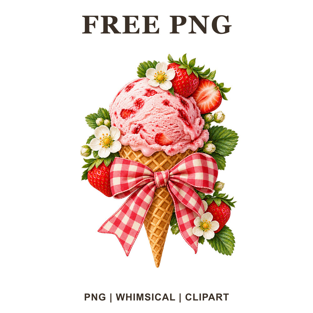 Strawberry ice cream waffle cone with fresh strawberries, white flowers and a red gingham ribbon bow, free ice cream PNG