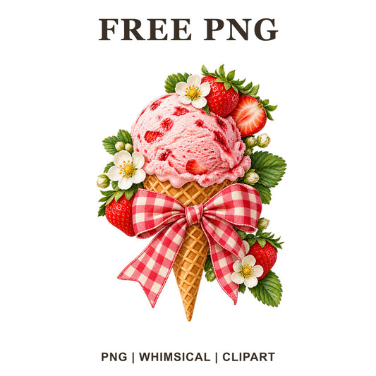 Strawberry ice cream waffle cone with fresh strawberries, white flowers and a red gingham ribbon bow, free ice cream PNG