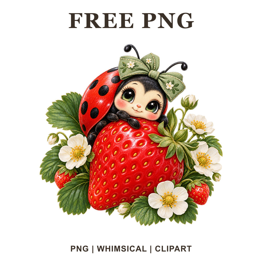 Cute ladybug with a green leaf bow hugging a big red strawberry surrounded by white strawberry flowers, free strawberry ladybug PNG