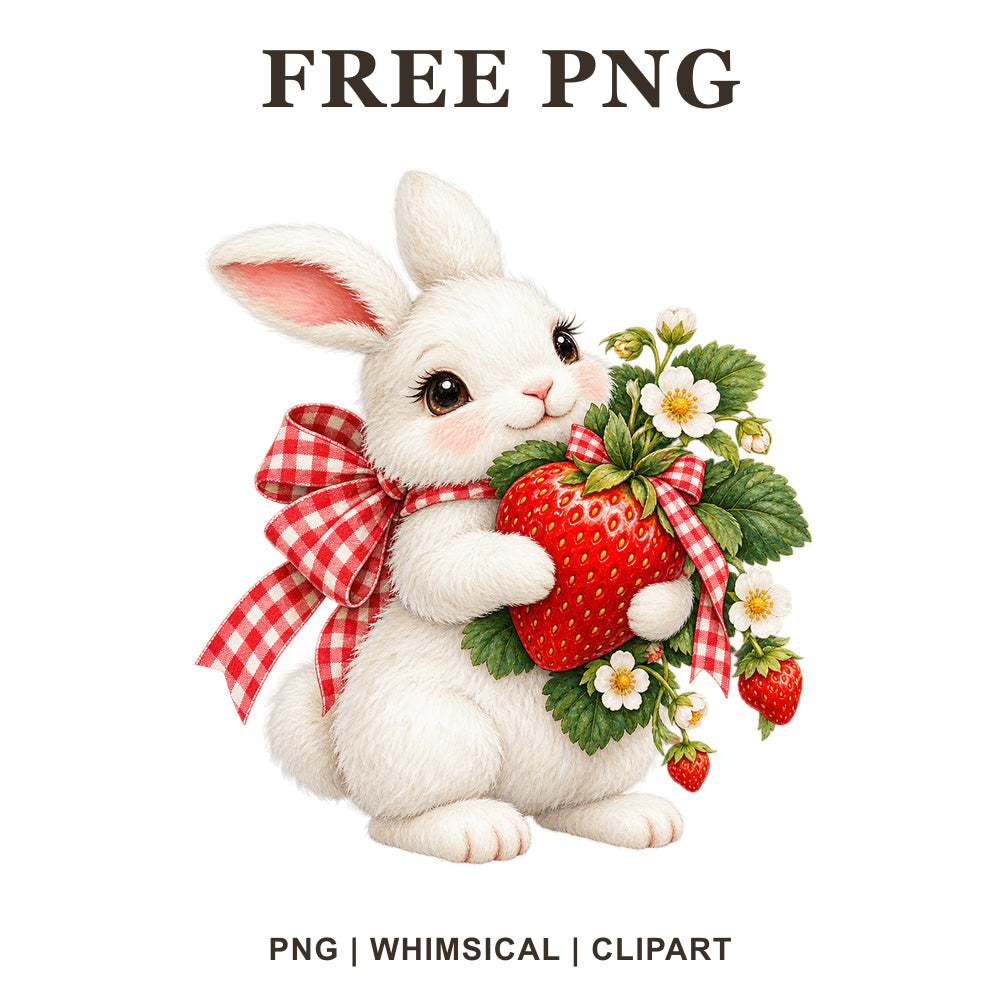 White bunny with a red gingham bow hugging a big strawberry with white blossoms and leaves, free strawberry bunny PNG