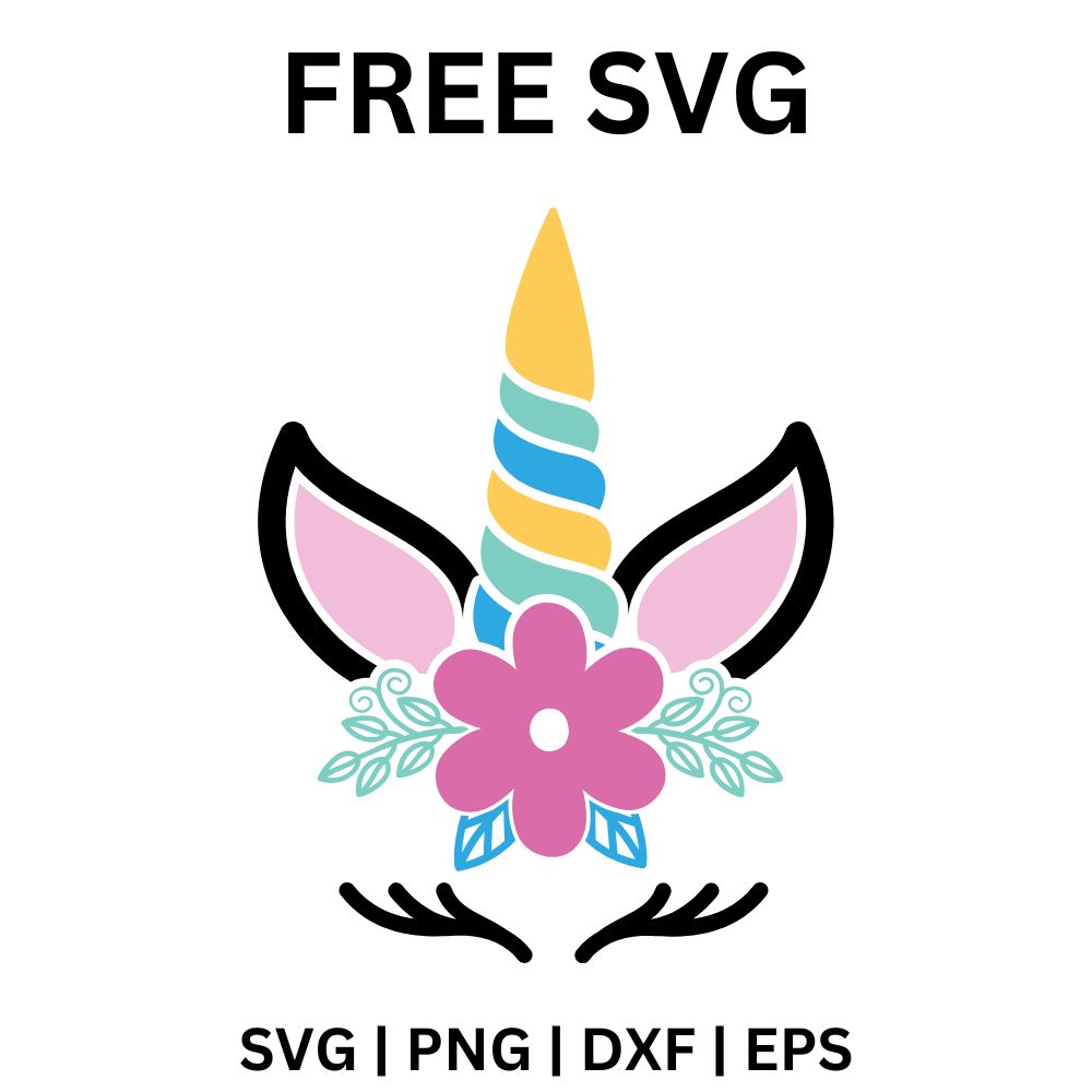 Striped pastel unicorn horn between black and pink ears with a large pink flower, teal leaves and closed lashes, free unicorn horn flower face SVG cut file preview.