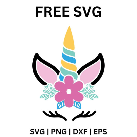 Striped pastel unicorn horn between black and pink ears with a large pink flower, teal leaves and closed lashes, free unicorn horn flower face SVG cut file preview.