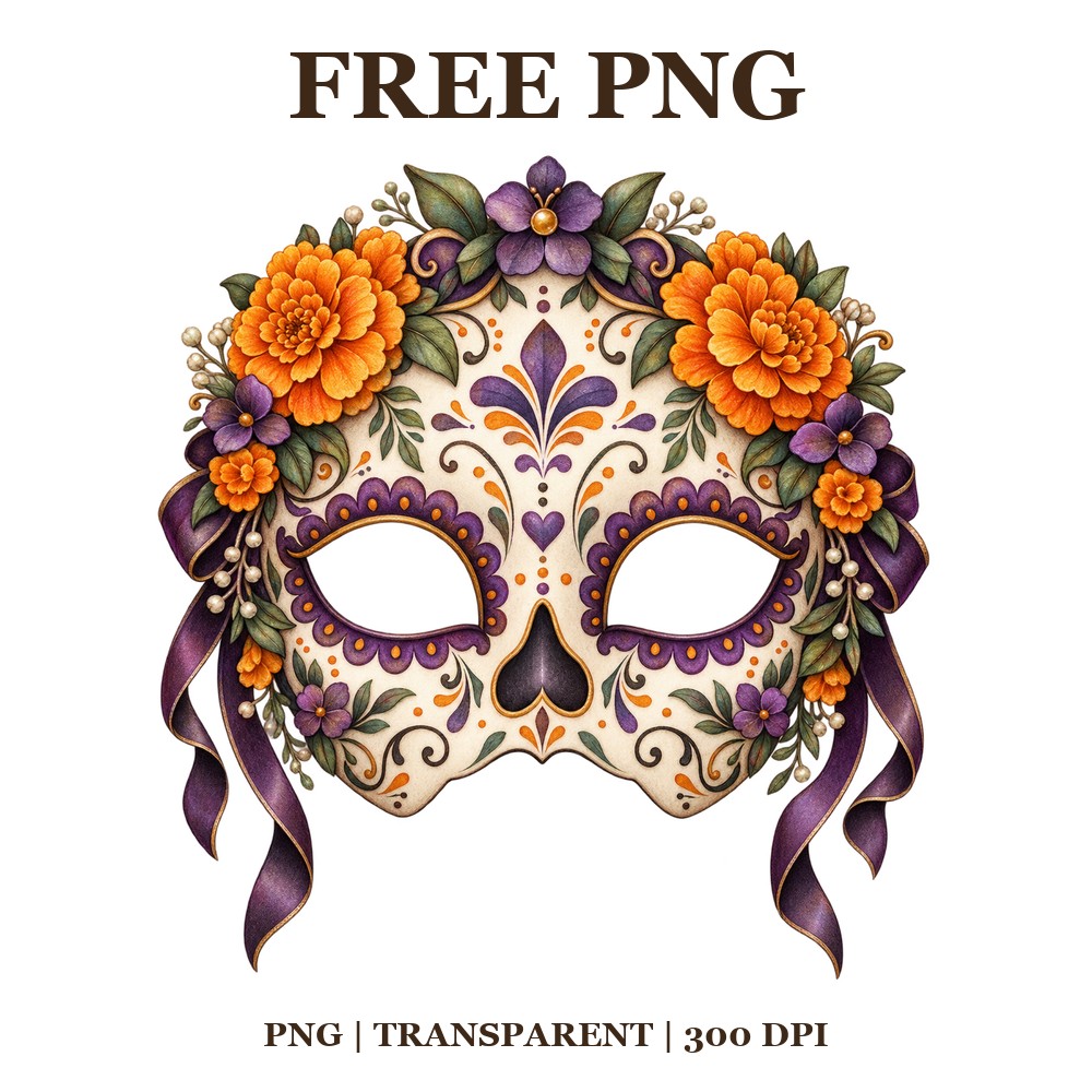 Cream sugar skull masquerade mask decorated with orange marigolds, purple flowers and purple satin ribbons, free Day of the Dead PNG clipart preview.