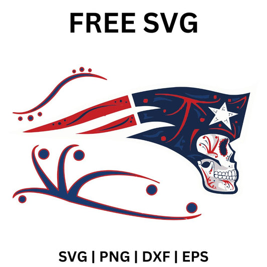 Minuteman profile head styled as a decorated sugar skull with red and navy swirl flourishes and stars, free swirl skull football SVG cut file preview.