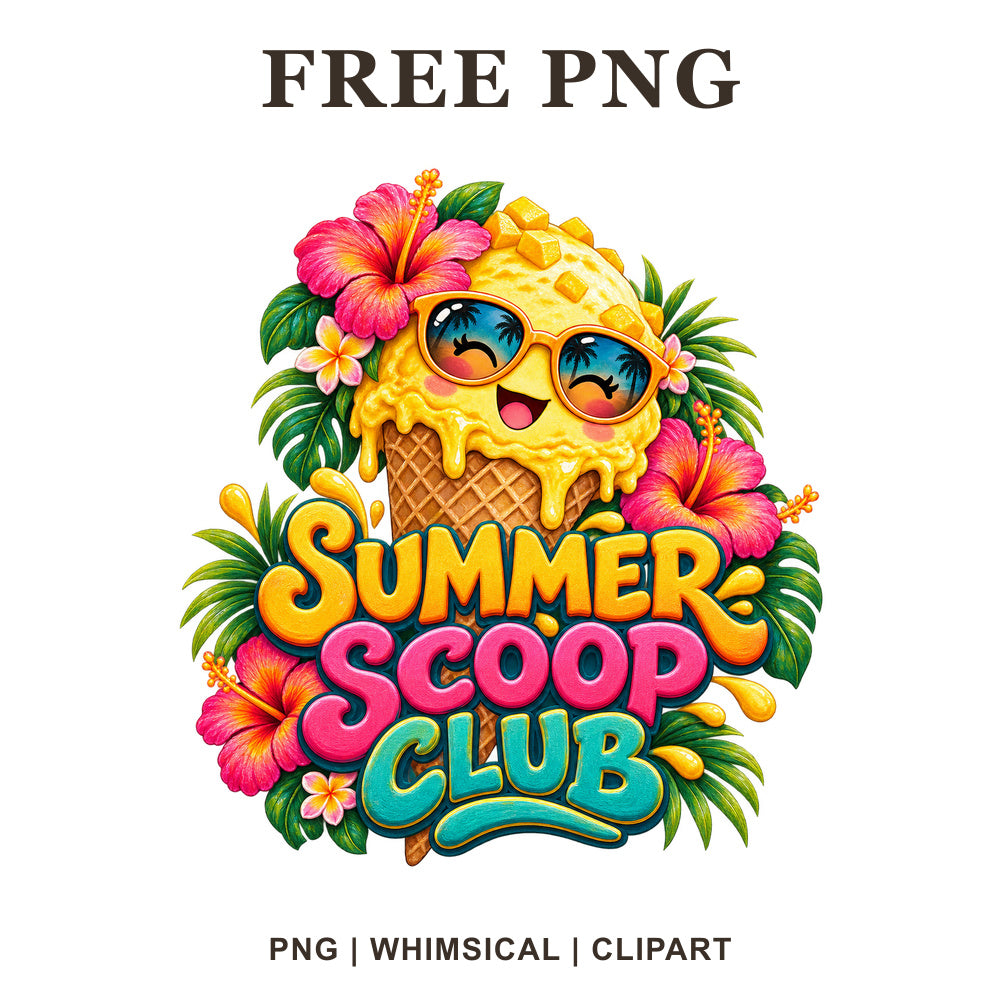 Ice cream cone clipart wearing sunglasses with pink hibiscus flowers and Summer Scoop Club lettering, free PNG