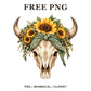 Western bull skull clipart with horns, a green bandana and a sunflower crown, free boho sunflower skull PNG
