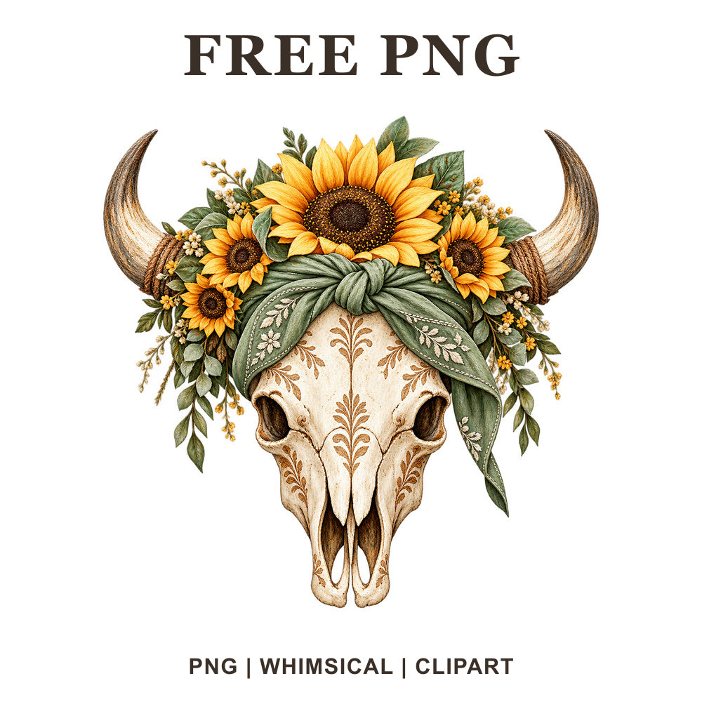 Western bull skull clipart with horns, a green bandana and a sunflower crown, free boho sunflower skull PNG