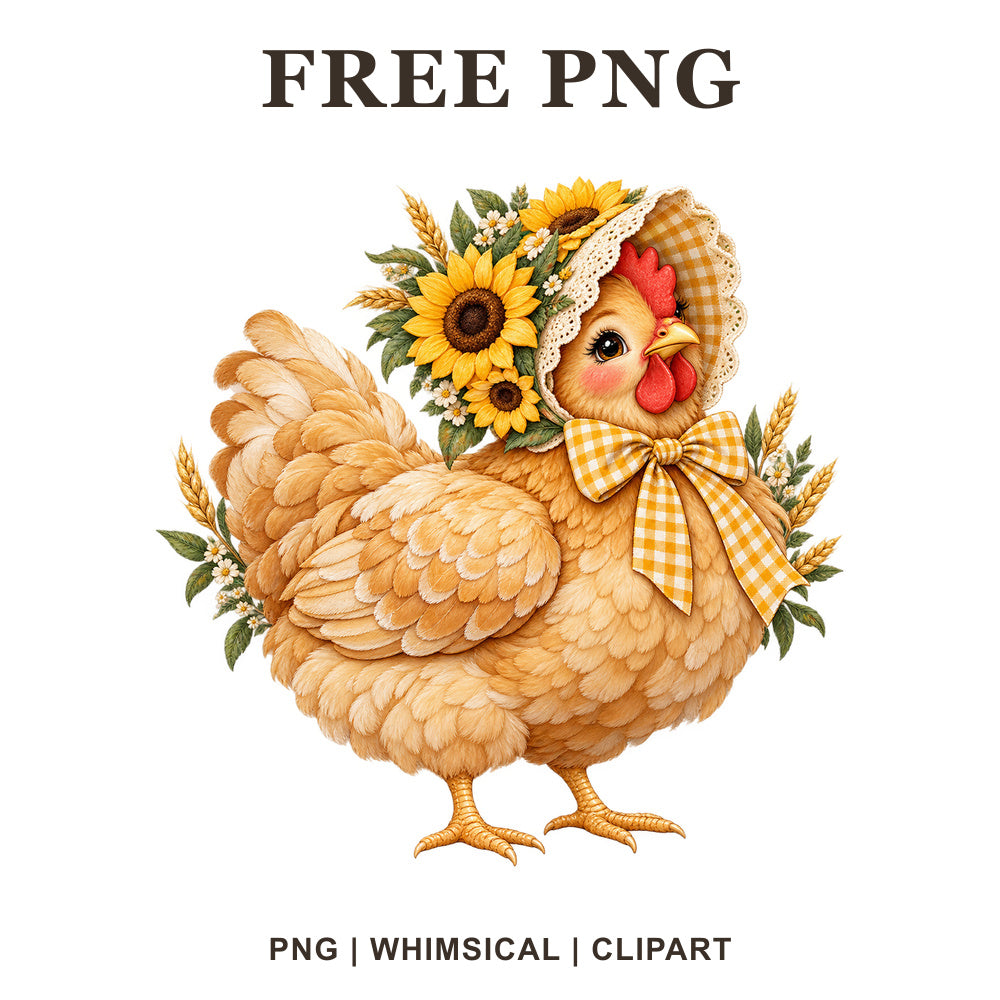 Fluffy tan hen wearing a yellow gingham bonnet with sunflowers and wheat, free farmhouse chicken PNG