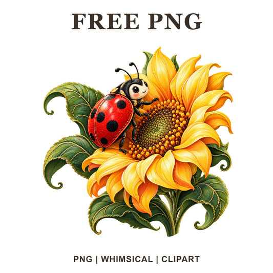 Red ladybug clipart sitting on a bright yellow sunflower with green leaves, free whimsical sunflower PNG