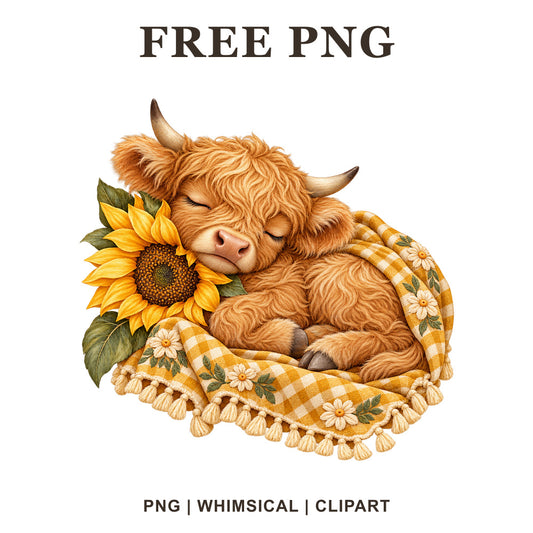 Sleeping ginger highland calf curled on a yellow gingham blanket beside a big sunflower, free highland cow PNG