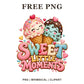 Two smiling ice cream cones clipart with hearts and sprinkles above Sweet Little Moments lettering, free PNG