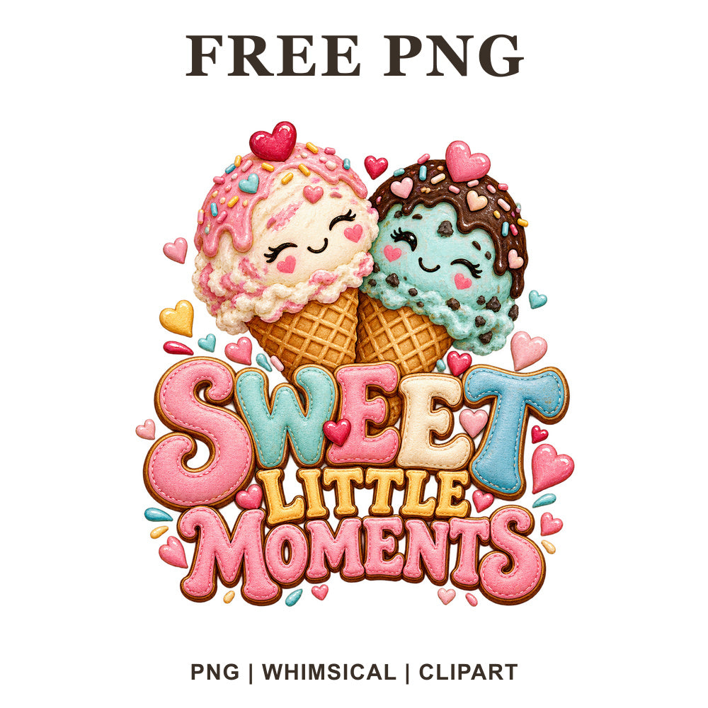 Two smiling ice cream cones clipart with hearts and sprinkles above Sweet Little Moments lettering, free PNG