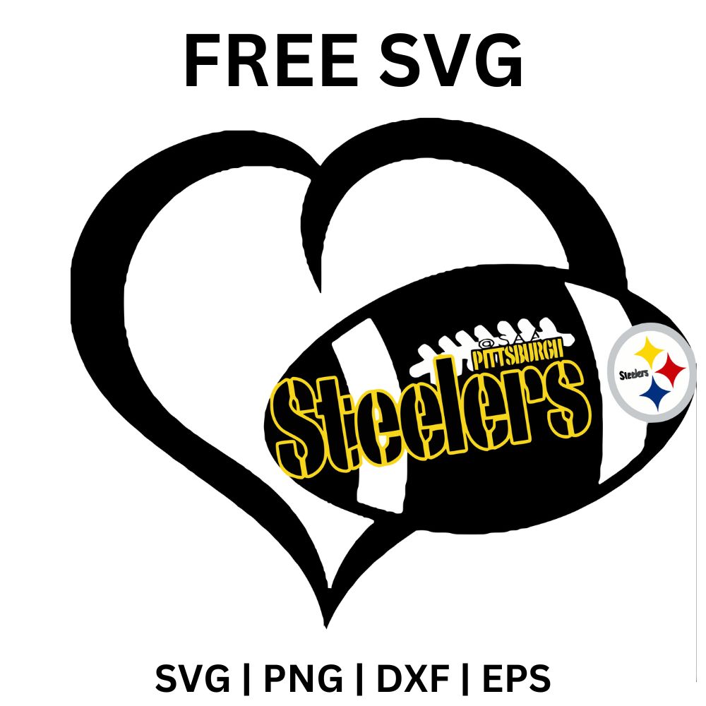 Black swirled heart outline around a black football with yellow team lettering and a small star shape emblem, free football heart SVG cut file preview.
